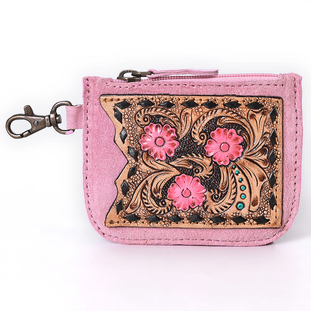 ADBGA746 Tooled Leather Coin Purse - Red Floral Design with Zipper & Clip Hook