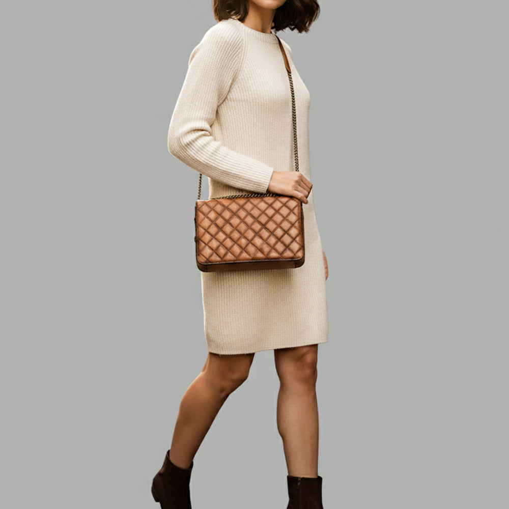 ADBGM588 Tan Quilted Leather Chain Bag - Western Crossbody Organiser with Antique Brass Strap