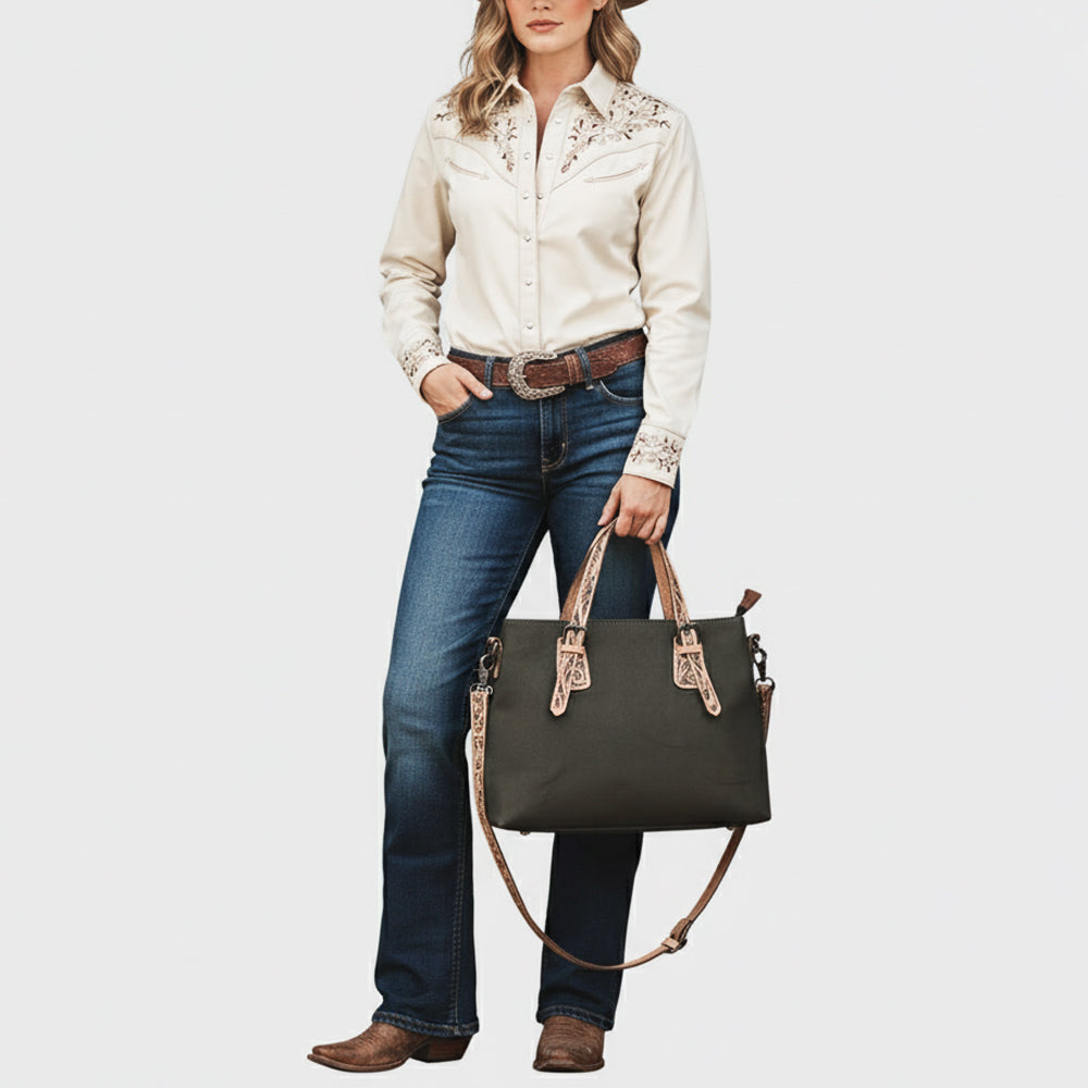 ADBG1700 Olive Canvas Tote with Tooled Leather Straps - Western Style