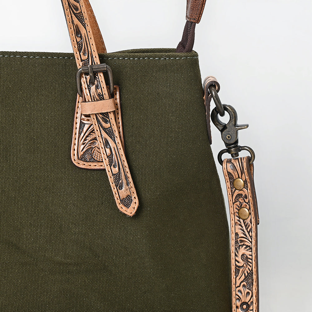 ADBG1700 Olive Canvas Tote with Tooled Leather Straps - Western Style