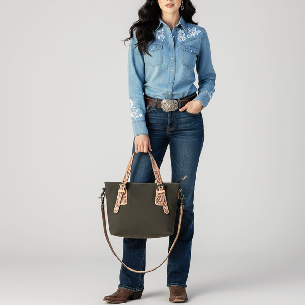 ADBG1702 Small Olive Canvas Crossbody with Tooled Leather Straps - Western Handbag