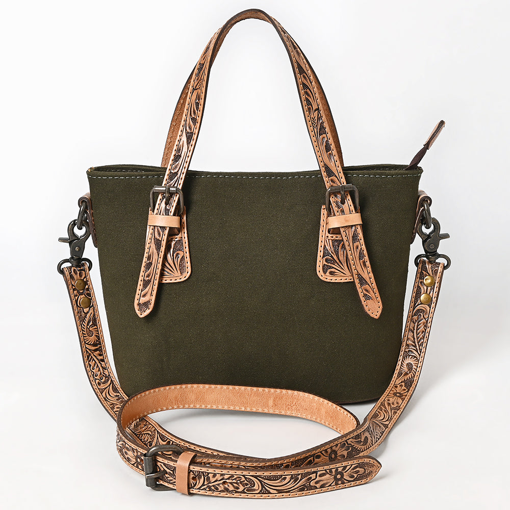 ADBG1702 Small Olive Canvas Crossbody with Tooled Leather Straps - Western Handbag