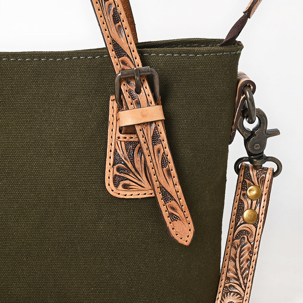 ADBG1702 Small Olive Canvas Crossbody with Tooled Leather Straps - Western Handbag