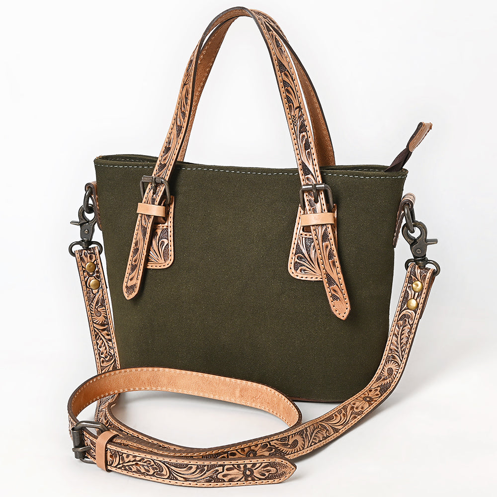 ADBG1702 Small Olive Canvas Crossbody with Tooled Leather Straps - Western Handbag