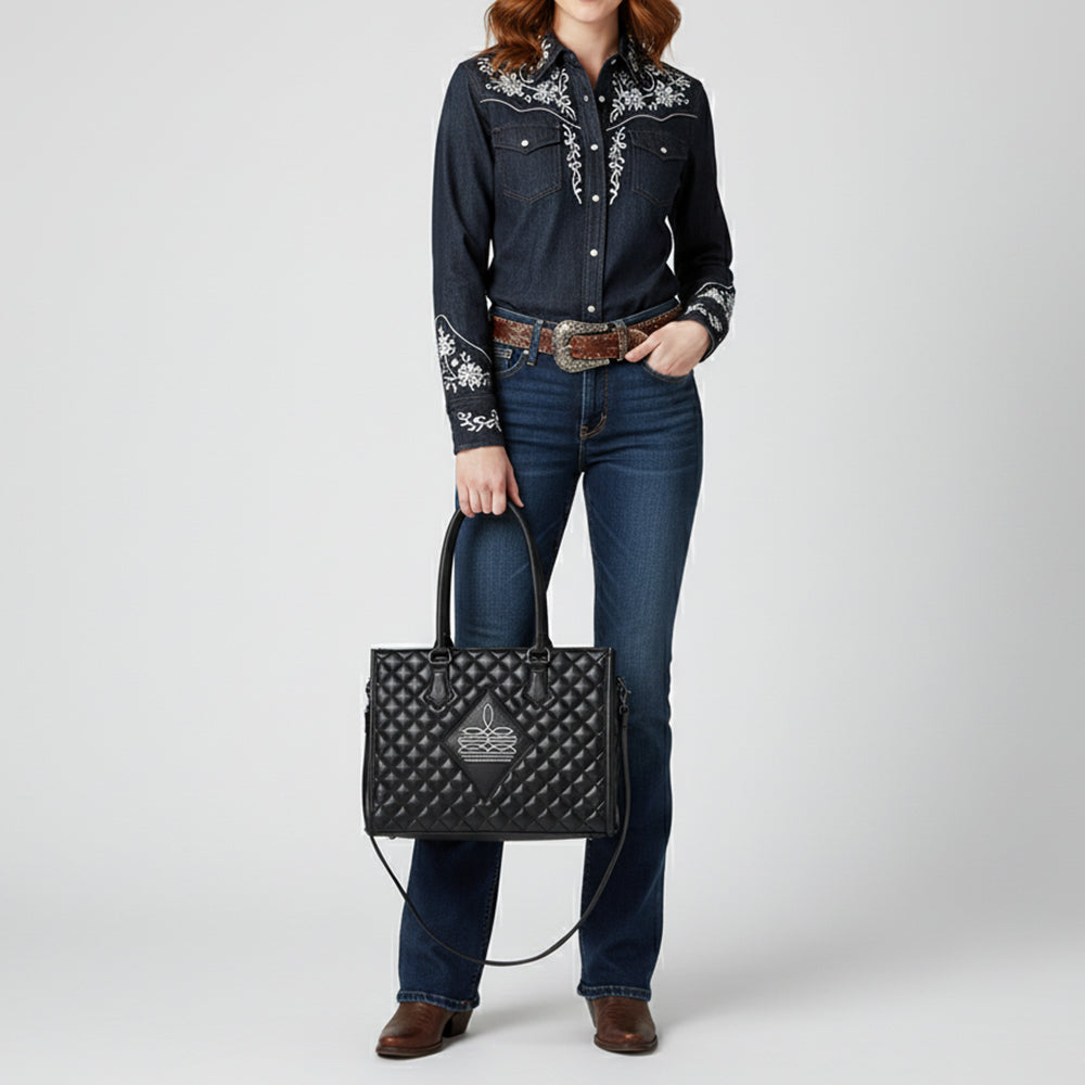 ADBG1703 Quilted Black Leather Western Tote Bag - Designer Embroidered Luxury Purse for Women