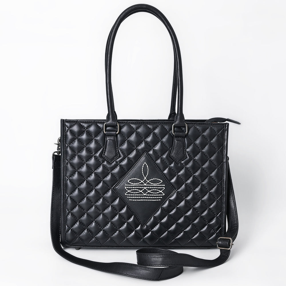 ADBG1703 Quilted Black Leather Western Tote Bag - Designer Embroidered Luxury Purse for Women