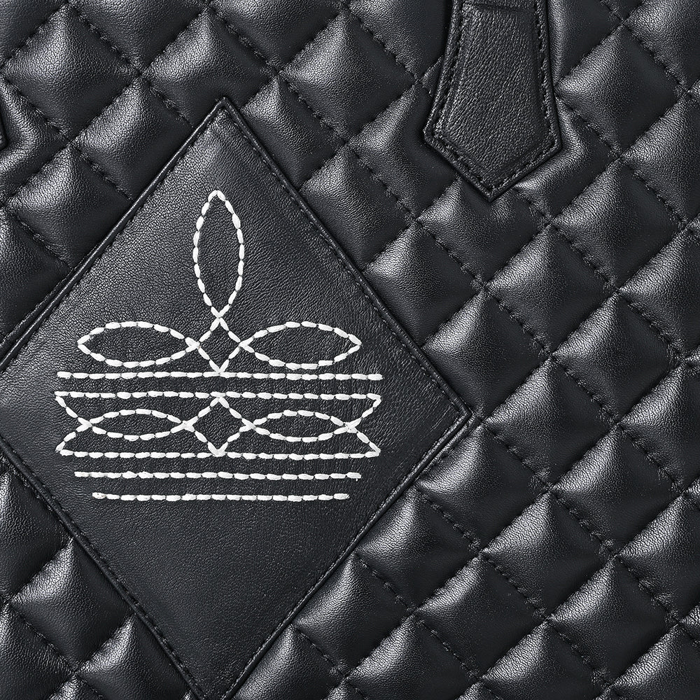 ADBG1703 Quilted Black Leather Western Tote Bag - Designer Embroidered Luxury Purse for Women
