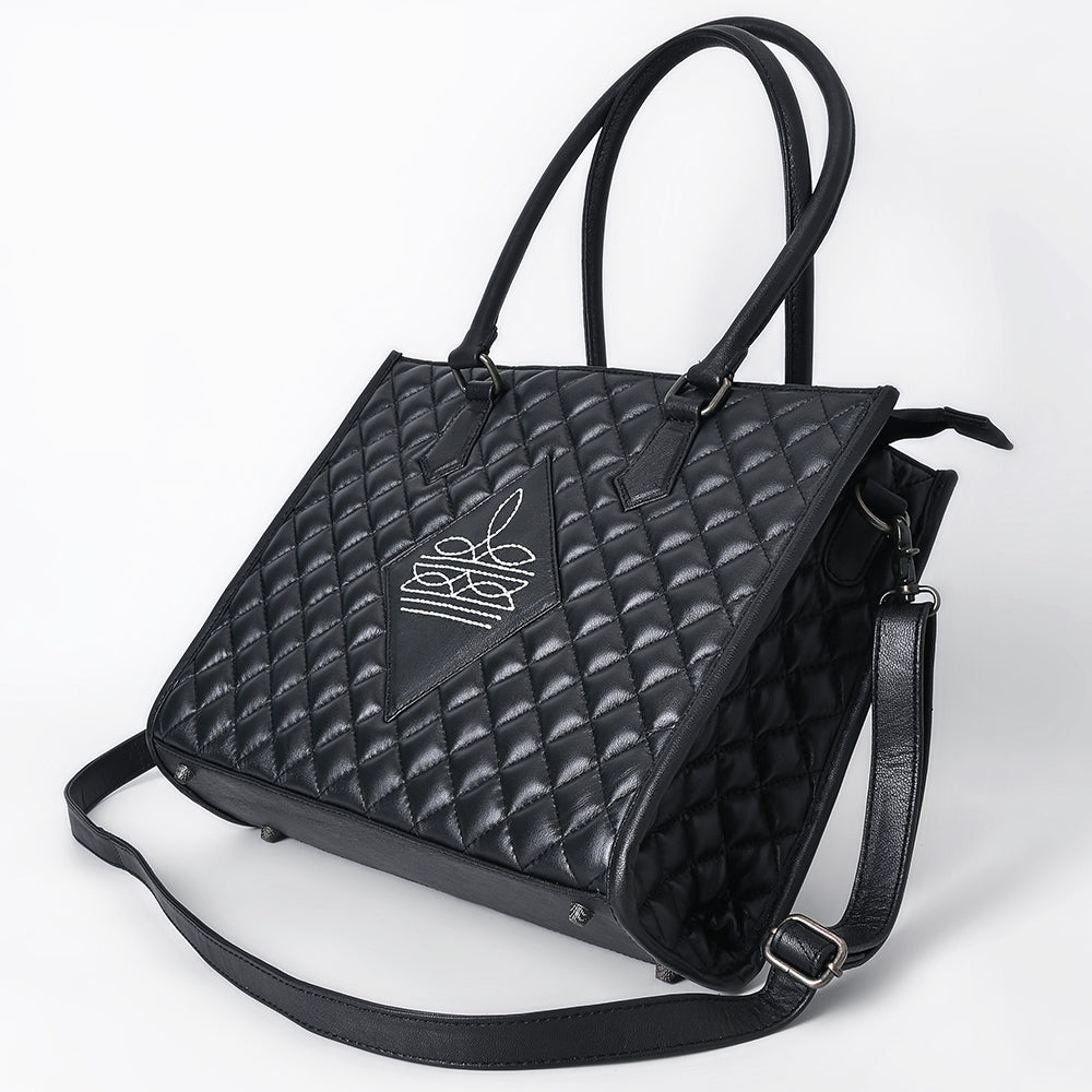 ADBG1703 Quilted Black Leather Western Tote Bag - Designer Embroidered Luxury Purse for Women