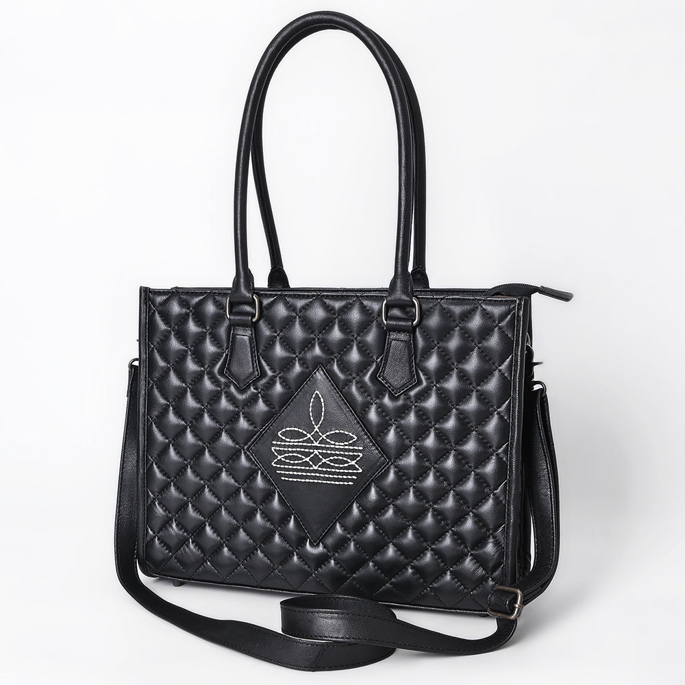 ADBG1703 Quilted Black Leather Western Tote Bag - Designer Embroidered Luxury Purse for Women