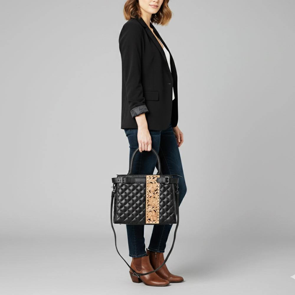 ADBG1704 Quilted Black Leather Tote Bag with Tooled Floral Leather Accent & Adjustable Strap