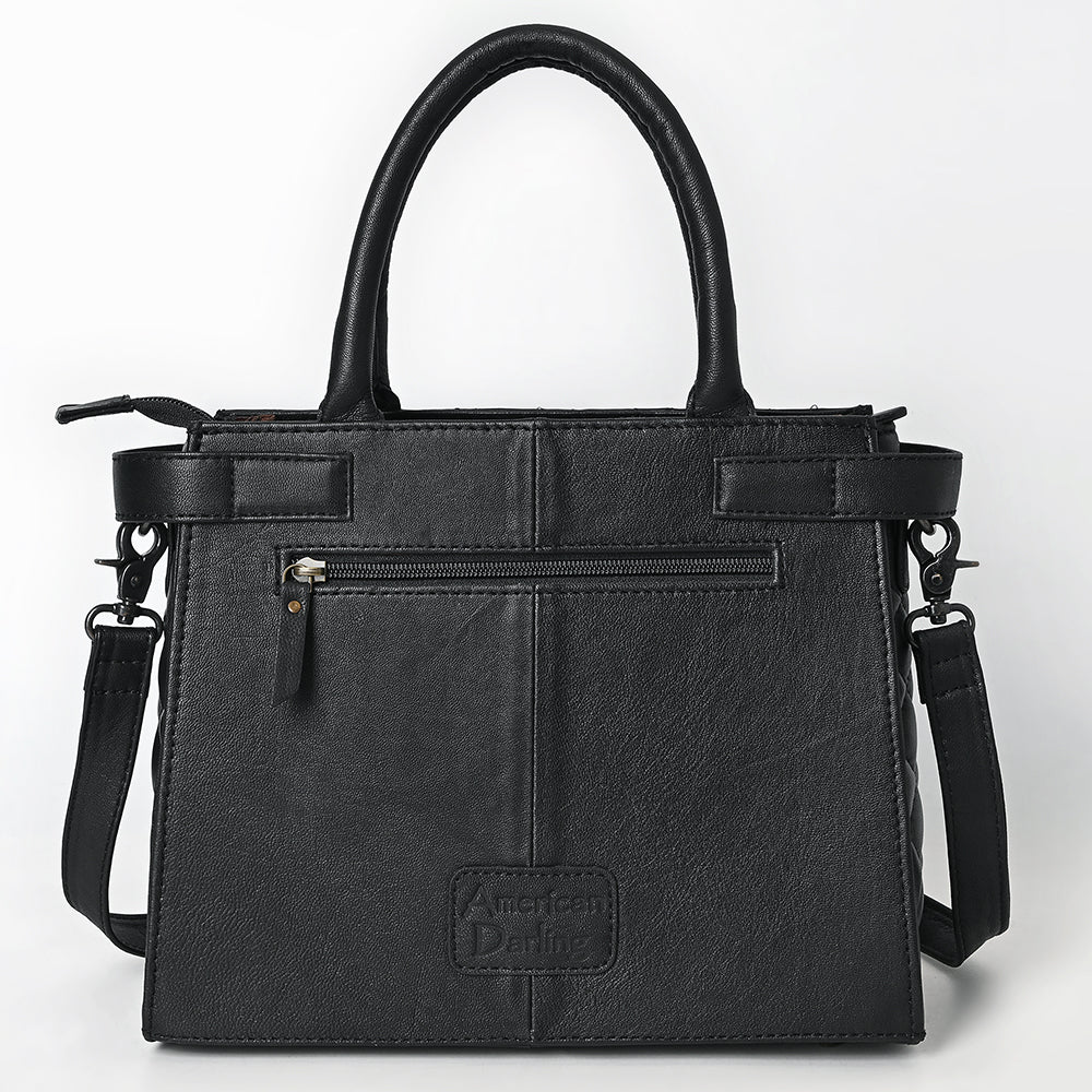 ADBG1704 Quilted Black Leather Tote Bag with Tooled Floral Leather Accent & Adjustable Strap