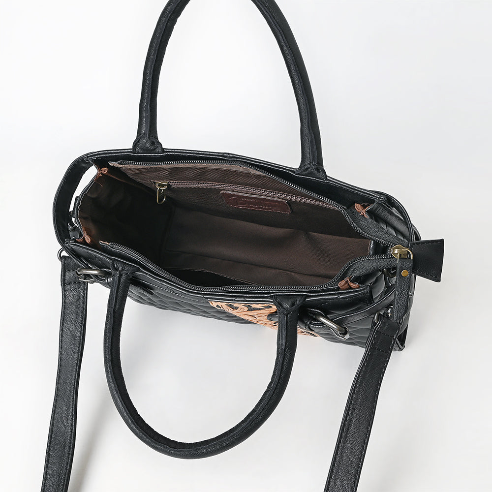 ADBG1704 Quilted Black Leather Tote Bag with Tooled Floral Leather Accent & Adjustable Strap
