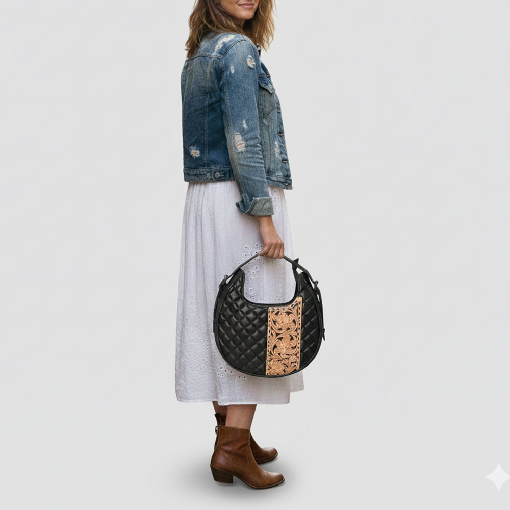 ADBG1705 Quilted Black Leather Hobo Bag with Hand-Tooled Floral Leather Accent & Adjustable Strap