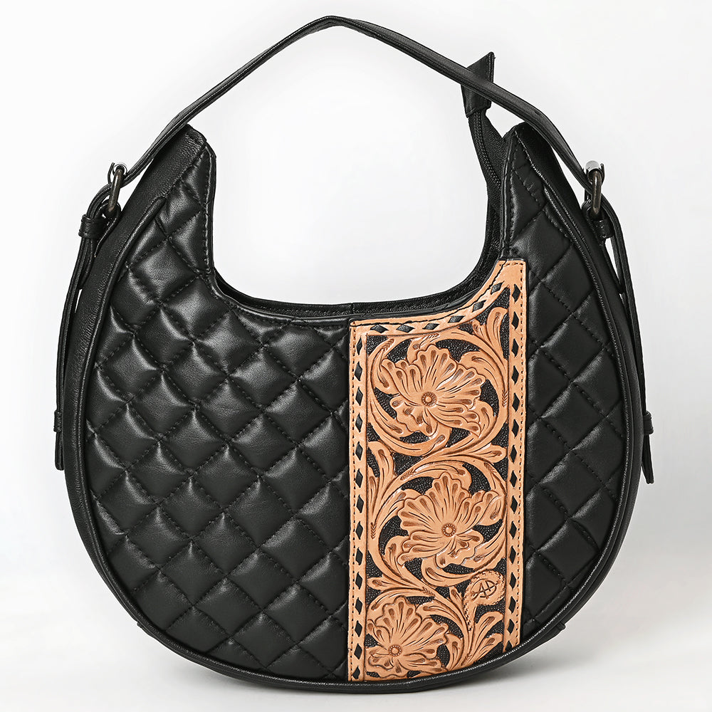 ADBG1705 Quilted Black Leather Hobo Bag with Hand-Tooled Floral Leather Accent & Adjustable Strap