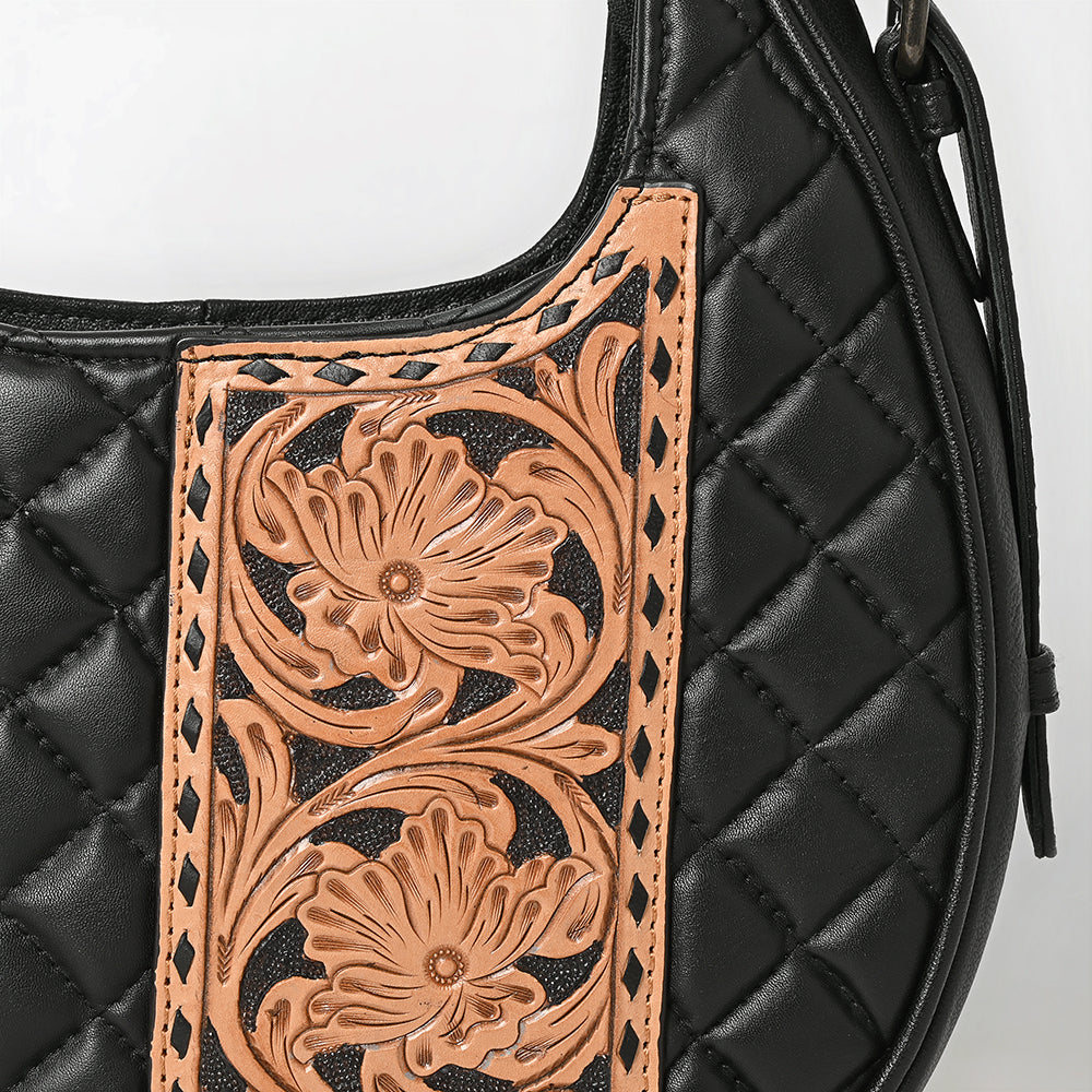 ADBG1705 Quilted Black Leather Hobo Bag with Hand-Tooled Floral Leather Accent & Adjustable Strap