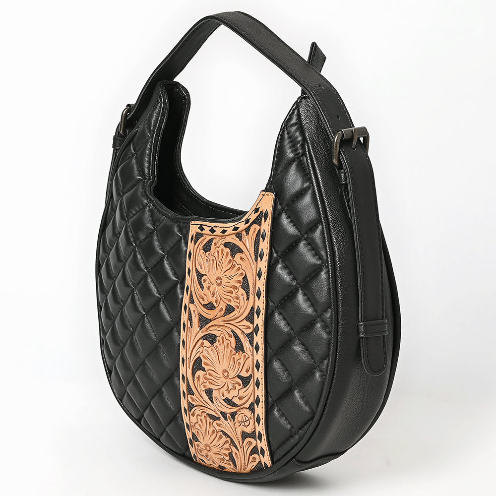 ADBG1705 Quilted Black Leather Hobo Bag with Hand-Tooled Floral Leather Accent & Adjustable Strap