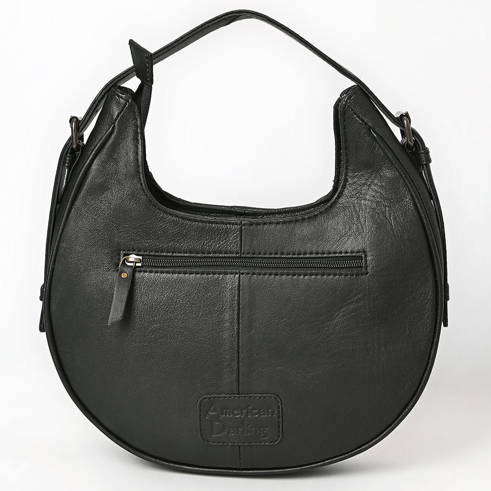 ADBG1705 Quilted Black Leather Hobo Bag with Hand-Tooled Floral Leather Accent & Adjustable Strap