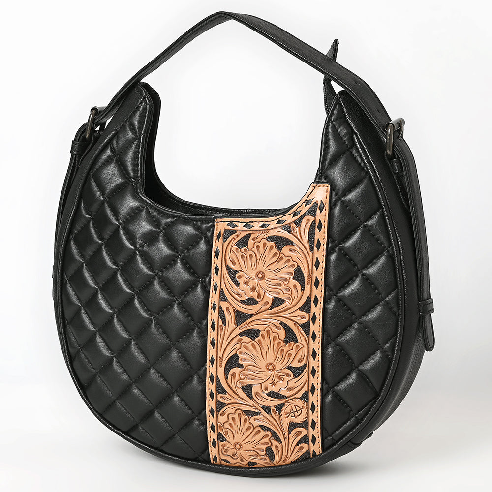 ADBG1705 Quilted Black Leather Hobo Bag with Hand-Tooled Floral Leather Accent & Adjustable Strap