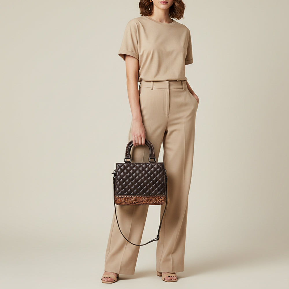 ADBG1707 Quilted Brown Leather Tote Bag with Hand-Tooled Floral Accent & Adjustable Strap