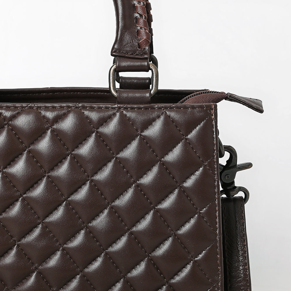 ADBG1707 Quilted Brown Leather Tote Bag with Hand-Tooled Floral Accent & Adjustable Strap