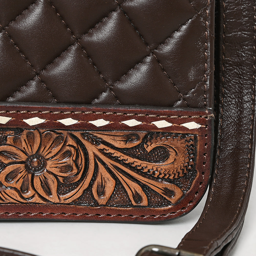 ADBG1707 Quilted Brown Leather Tote Bag with Hand-Tooled Floral Accent & Adjustable Strap