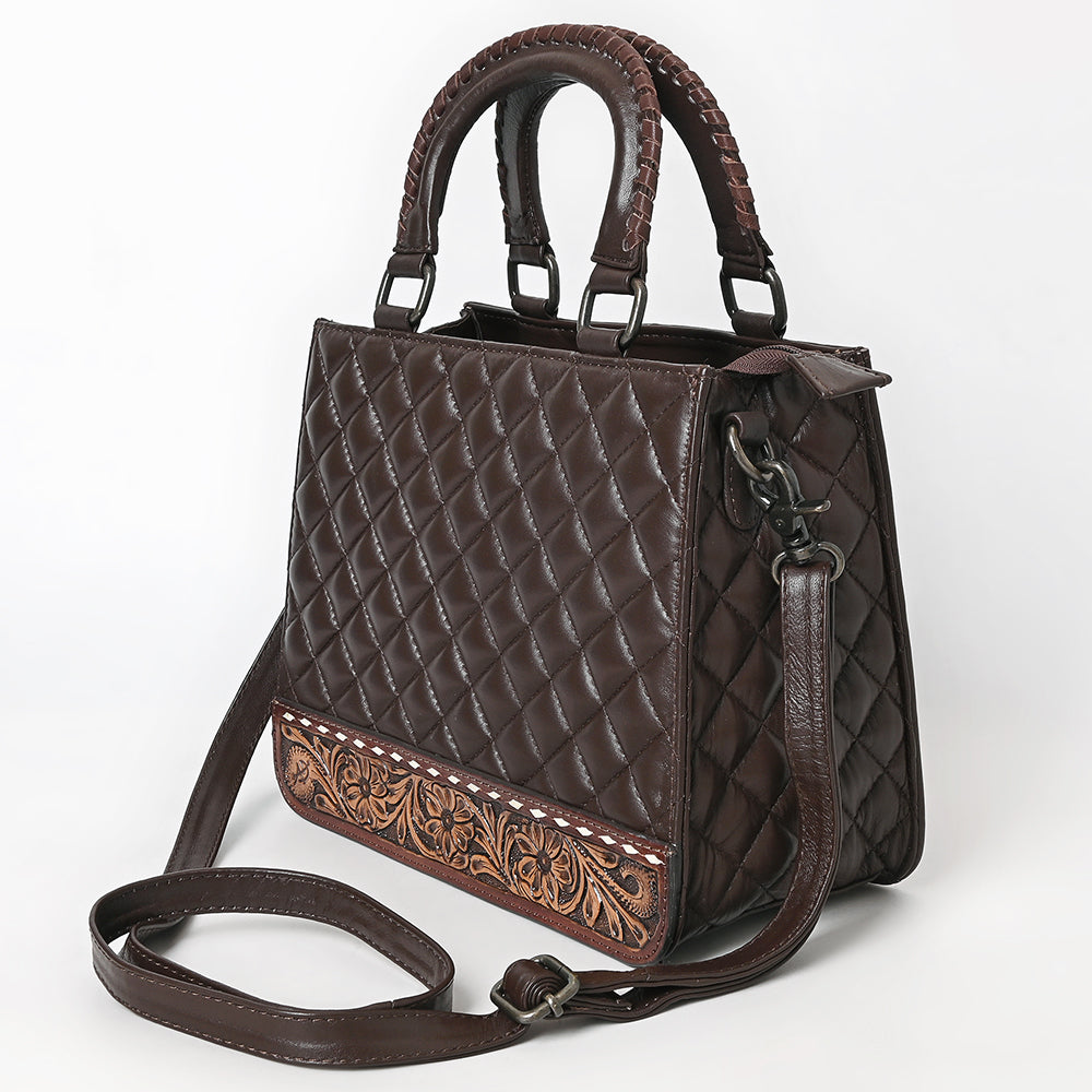 ADBG1707 Quilted Brown Leather Tote Bag with Hand-Tooled Floral Accent & Adjustable Strap