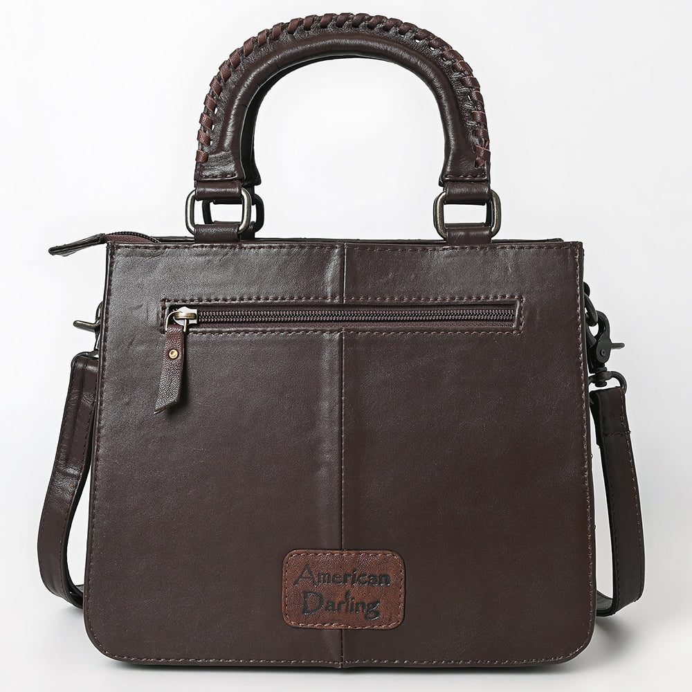 ADBG1707 Quilted Brown Leather Tote Bag with Hand-Tooled Floral Accent & Adjustable Strap