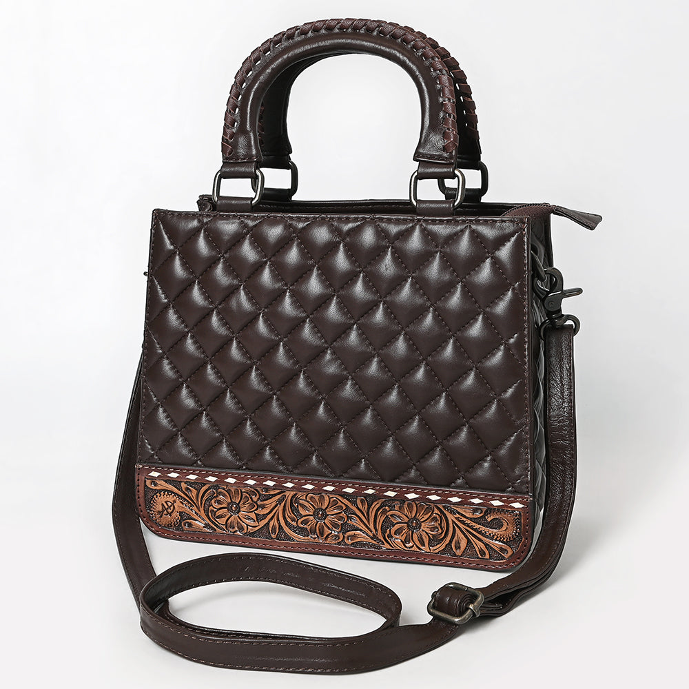 ADBG1707 Quilted Brown Leather Tote Bag with Hand-Tooled Floral Accent & Adjustable Strap