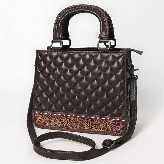 ADBG1707 Quilted Brown Leather Tote Bag with Hand-Tooled Floral Accent & Adjustable Strap