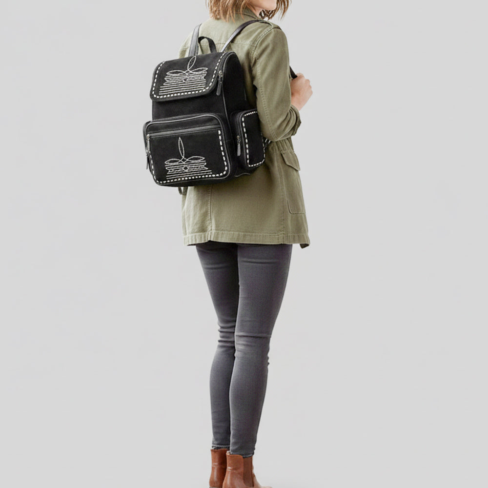 ADBG1710 Black Genuine suede Leather Backpack with White Western Stitch Embroidery & Side Pockets