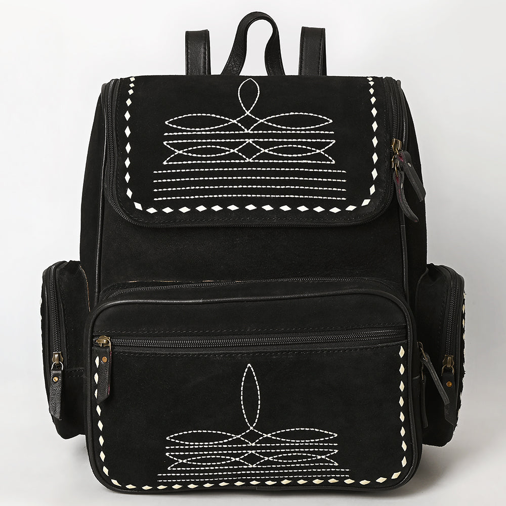 ADBG1710 Black Genuine suede Leather Backpack with White Western Stitch Embroidery & Side Pockets