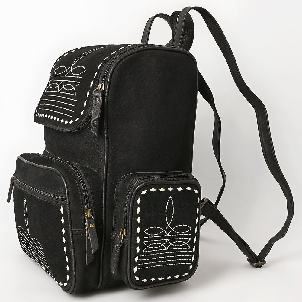 ADBG1710 Black Genuine suede Leather Backpack with White Western Stitch Embroidery & Side Pockets