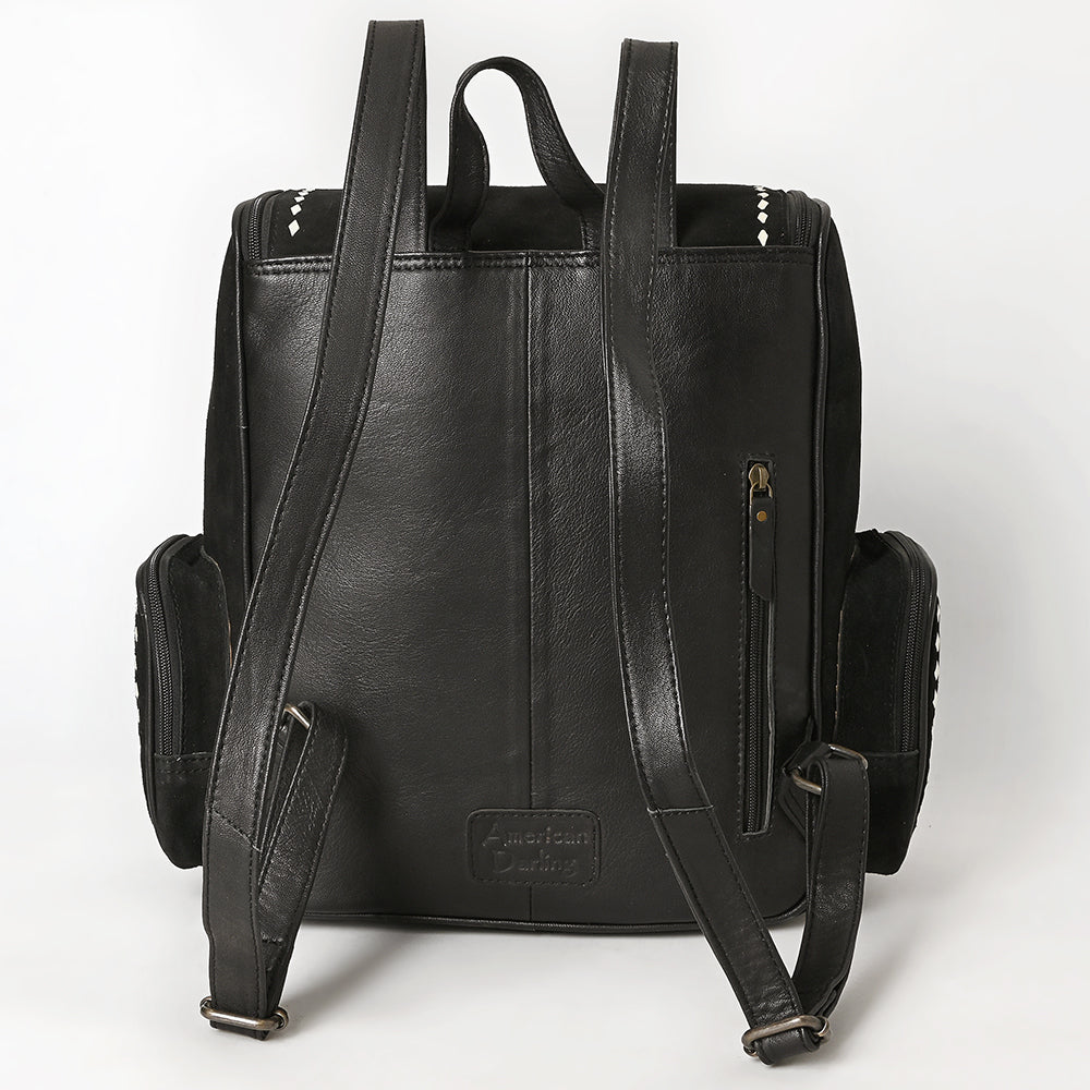 ADBG1710 Black Genuine suede Leather Backpack with White Western Stitch Embroidery & Side Pockets