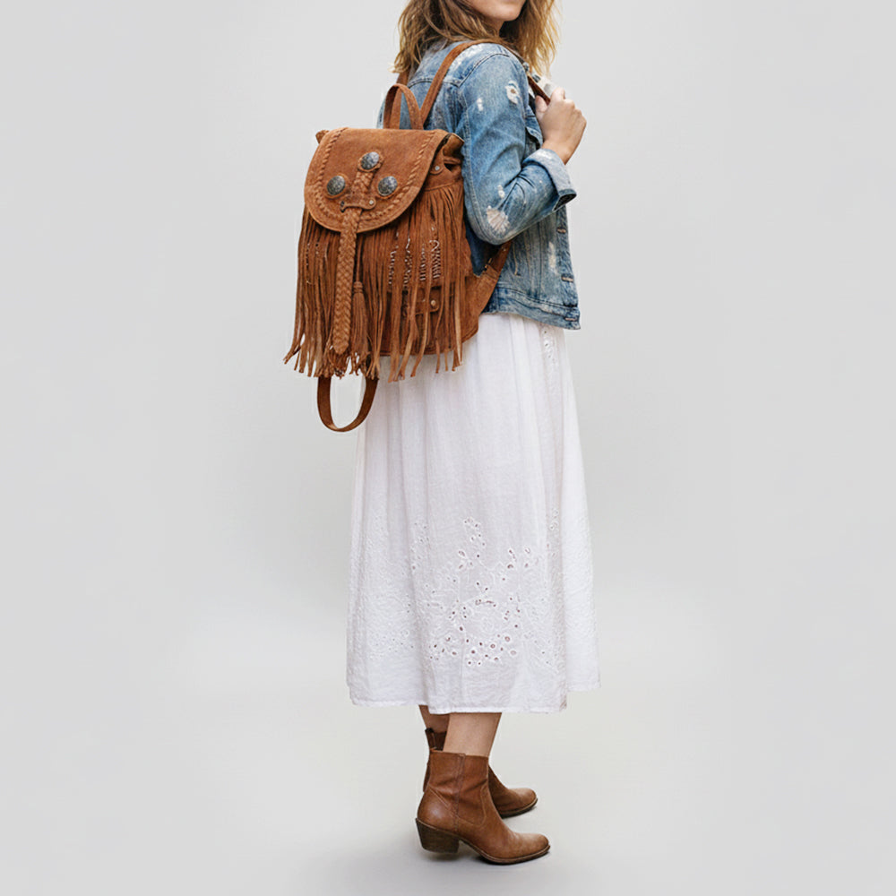 ADBG1711 Brown Genuine Leather Fringe Backpack with Braided Flap & Western Conchos