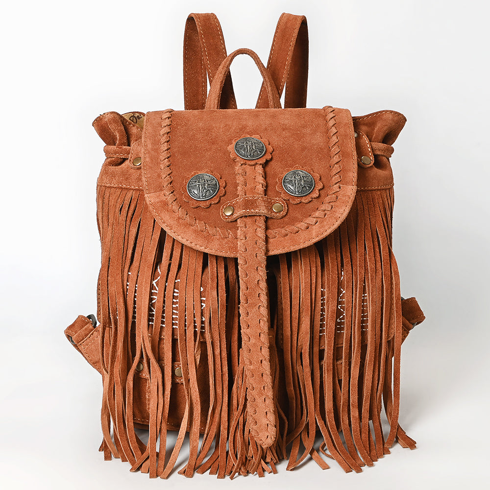 ADBG1711 Brown Genuine Leather Fringe Backpack with Braided Flap & Western Conchos