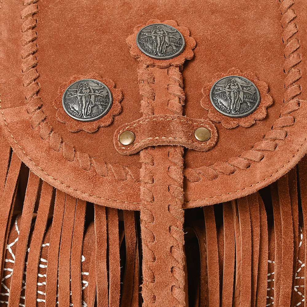 ADBG1711 Brown Genuine Leather Fringe Backpack with Braided Flap & Western Conchos