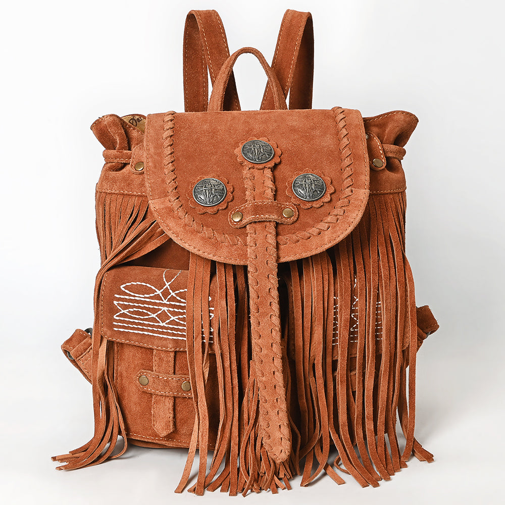 ADBG1711 Brown Genuine Leather Fringe Backpack with Braided Flap & Western Conchos