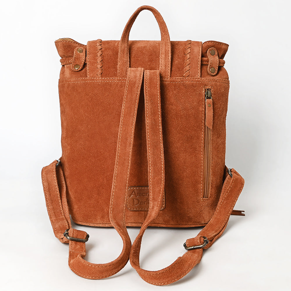 ADBG1711 Brown Genuine Leather Fringe Backpack with Braided Flap & Western Conchos