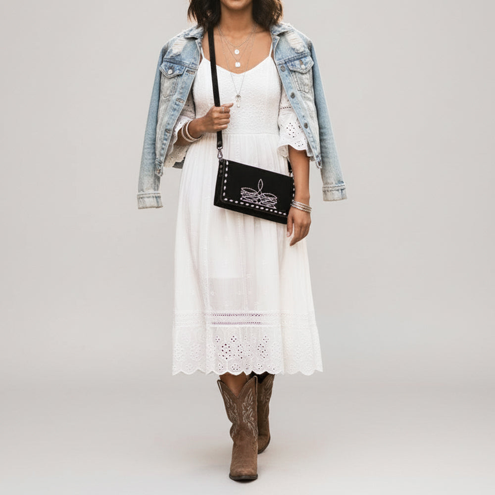 ADBG1712A Black Genuine suede Wallet Bag with White Hand-Stitched Western Design