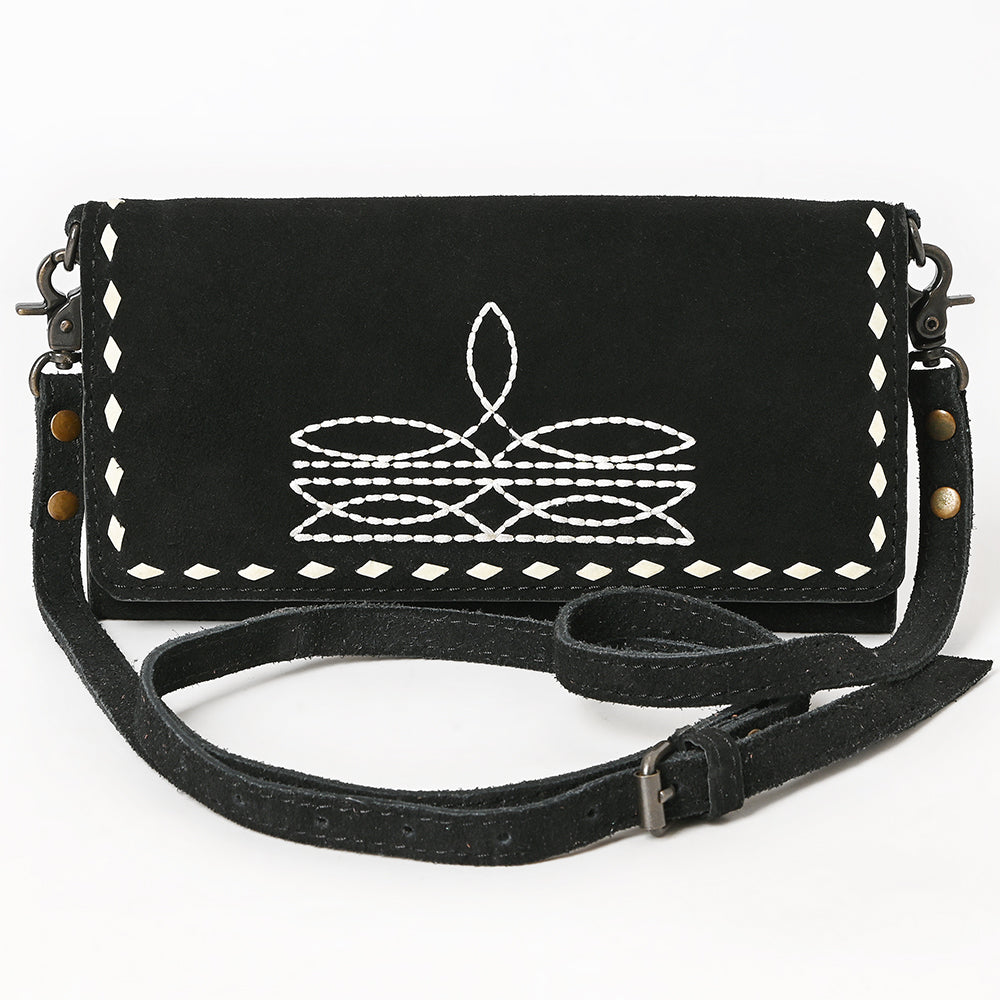 ADBG1712A Black Genuine suede Wallet Bag with White Hand-Stitched Western Design