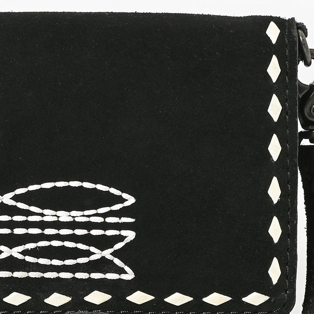 ADBG1712A Black Genuine suede Wallet Bag with White Hand-Stitched Western Design