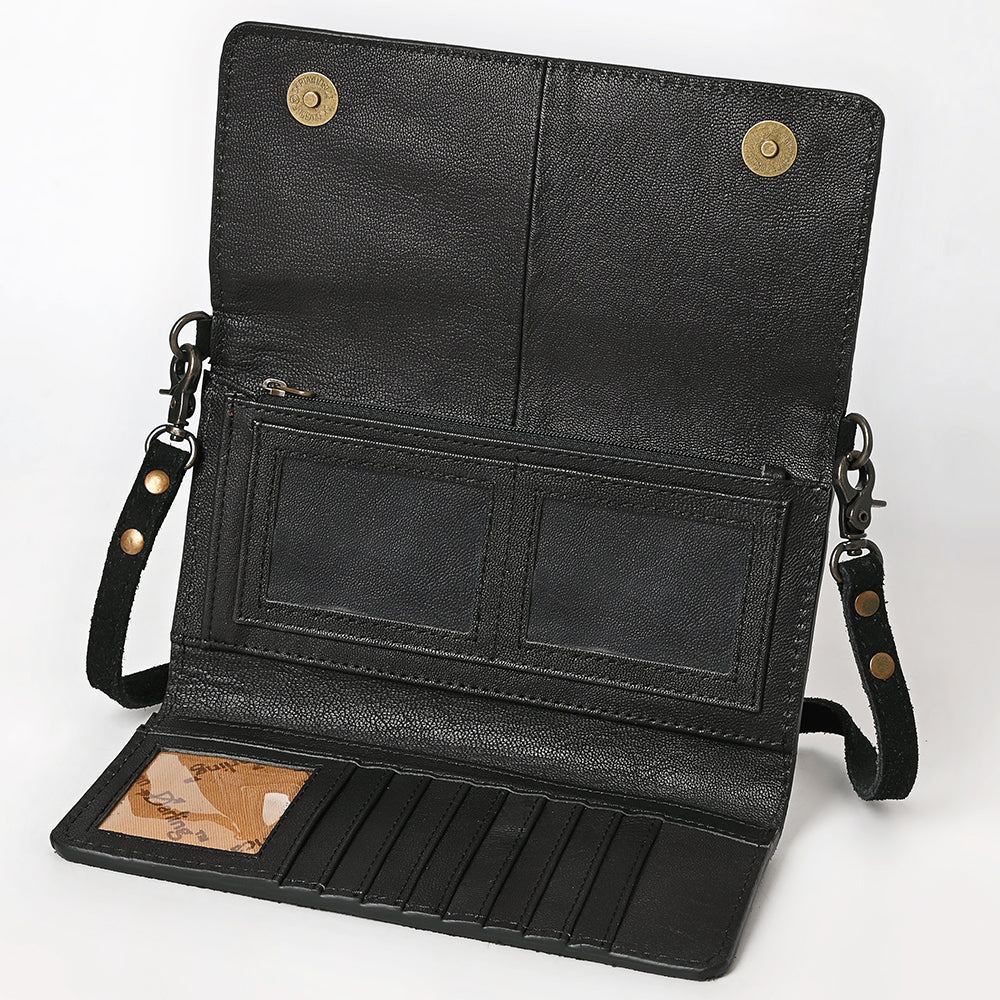 ADBG1712A Black Genuine suede Wallet Bag with White Hand-Stitched Western Design