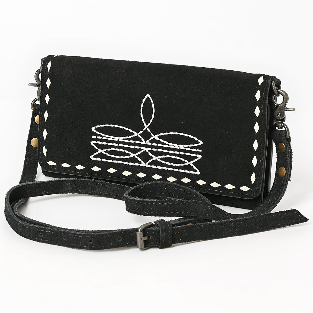 ADBG1712A Black Genuine suede Wallet Bag with White Hand-Stitched Western Design