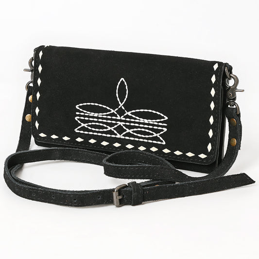 ADBG1712A Black Genuine suede Wallet Bag with White Hand-Stitched Western Design