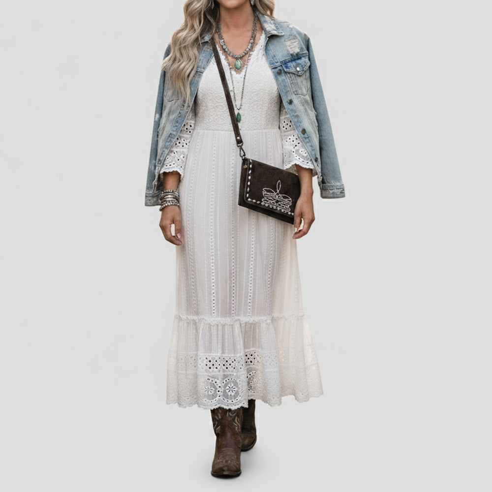 ADBG1712 Genuine Leather Wallet Bag with White Western Stitching & Adjustable Strap