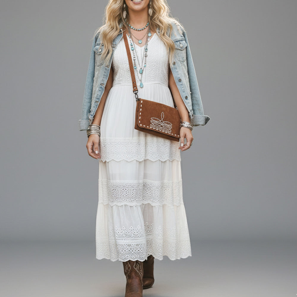 ADBG1712 Genuine Leather Wallet Bag with White Western Stitching & Adjustable Strap