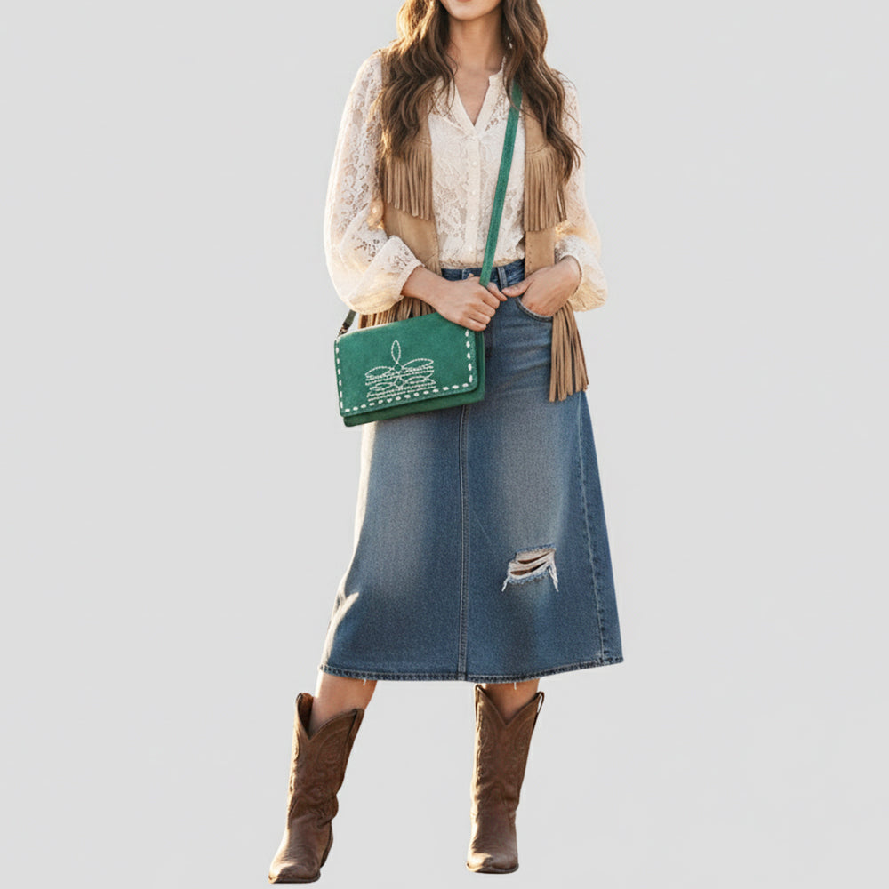 ADBG1712 Genuine Leather Wallet Bag with White Western Stitching & Adjustable Strap