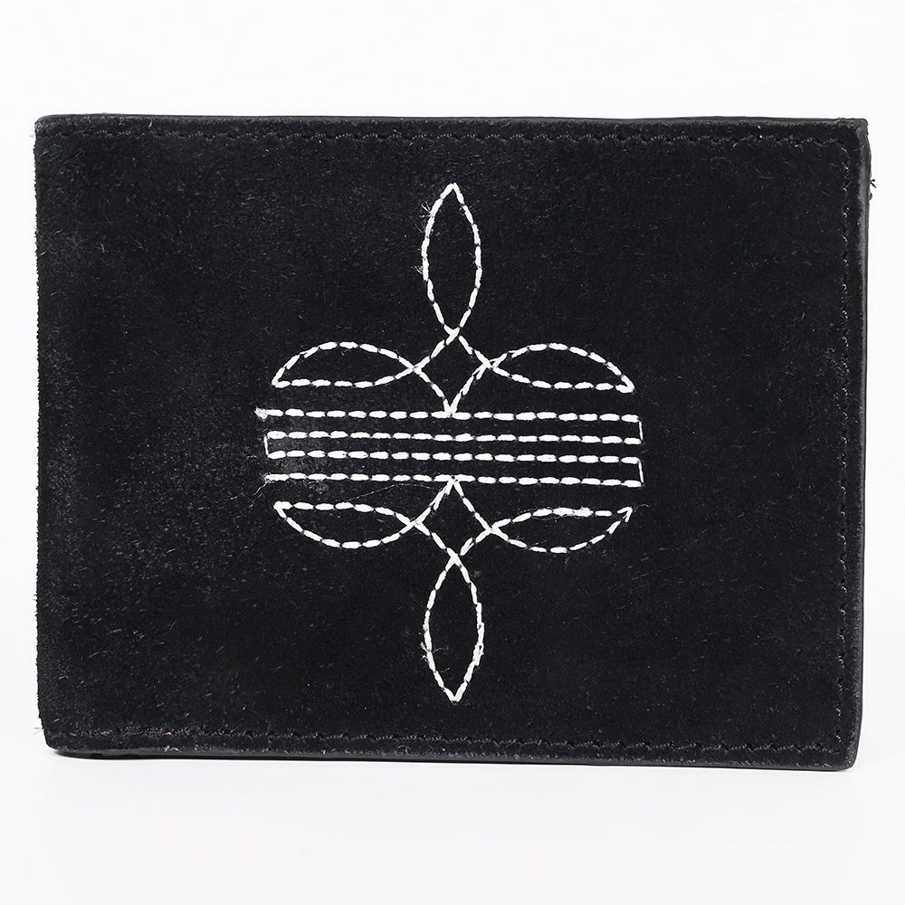 ADBGZ919A Black Genuine suede Leather Bifold Wallet with White Embroidered Stitch Detail