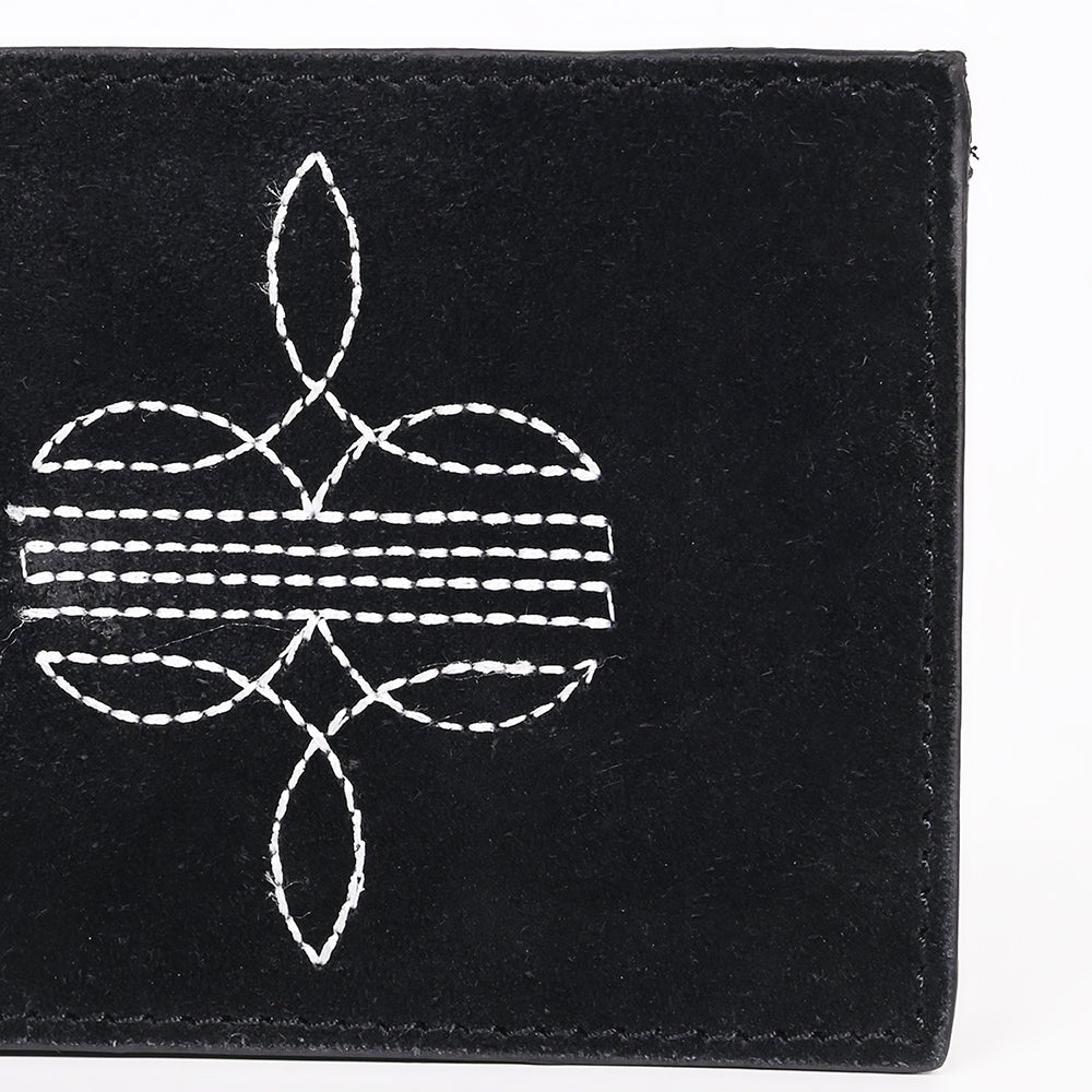 ADBGZ919A Black Genuine suede Leather Bifold Wallet with White Embroidered Stitch Detail