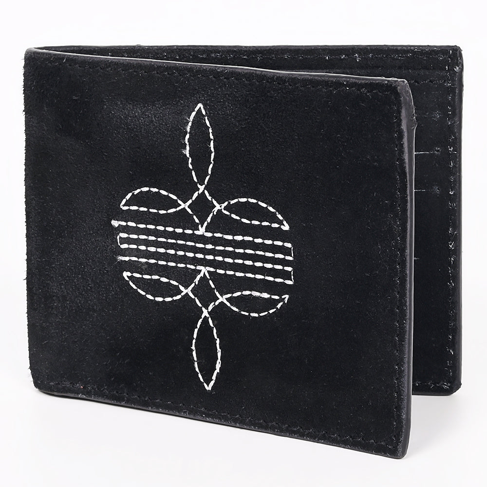 ADBGZ919A Black Genuine suede Leather Bifold Wallet with White Embroidered Stitch Detail